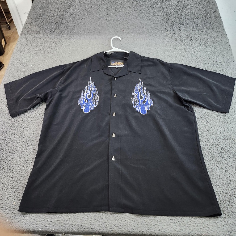 Easyriders Shirt Mens 2XL Black Blue Flames Short Sleeve Button Up Biker